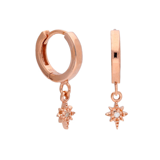 Boucles d'oreilles créoles en argent sterling plaqué or rose avec étoile en zircone cubique de 12 mm