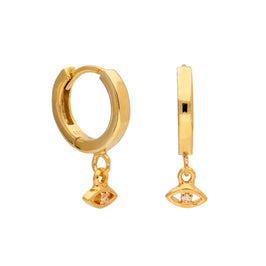 Boucles d'oreilles créoles en argent sterling plaqué or avec breloque œil en zircone cubique de 12 mm