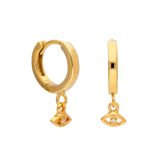 Boucles d'oreilles créoles en argent sterling plaqué or avec breloque œil en zircone cubique de 12 mm