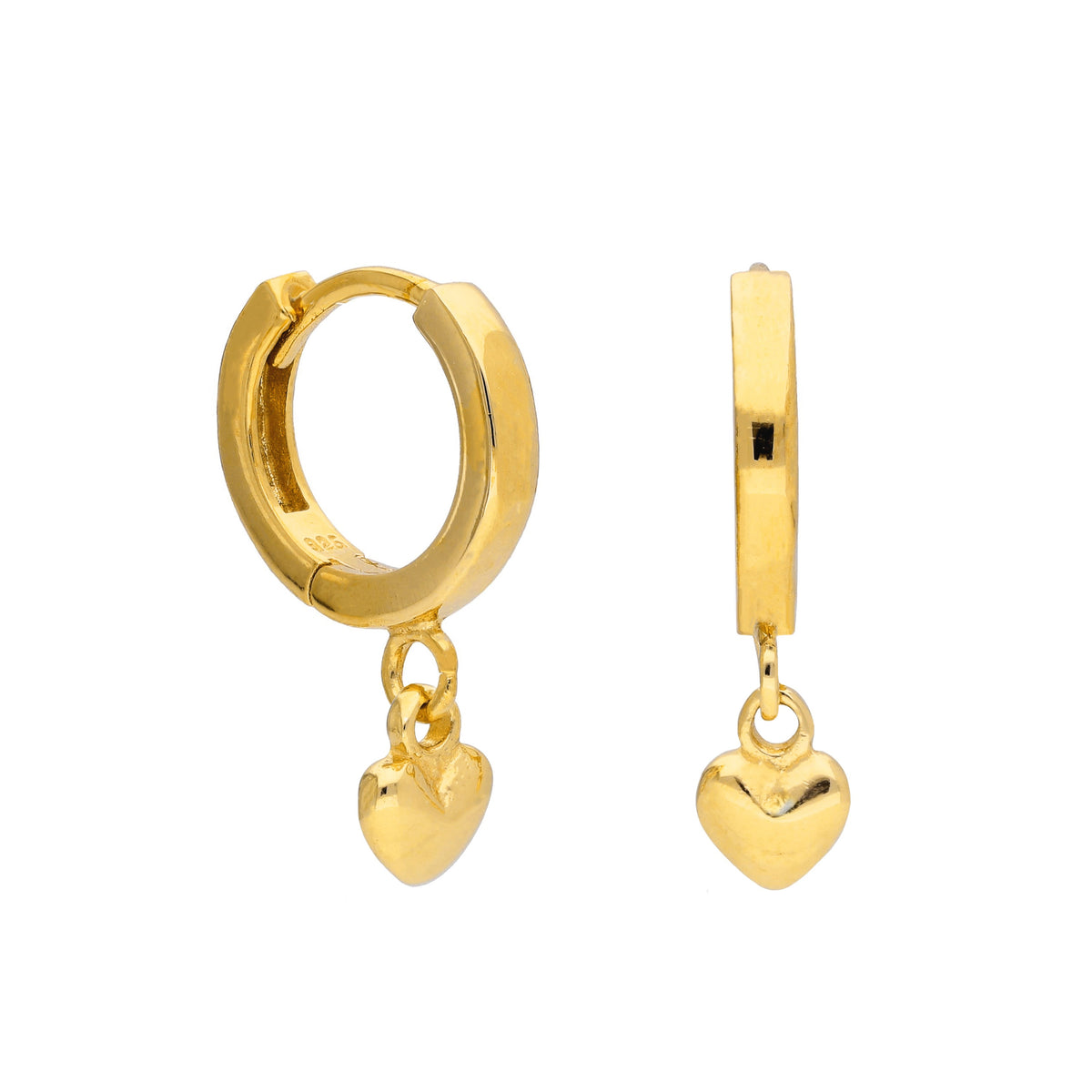 Boucles d'oreilles créoles en argent sterling plaqué or avec breloque cœur de 12 mm