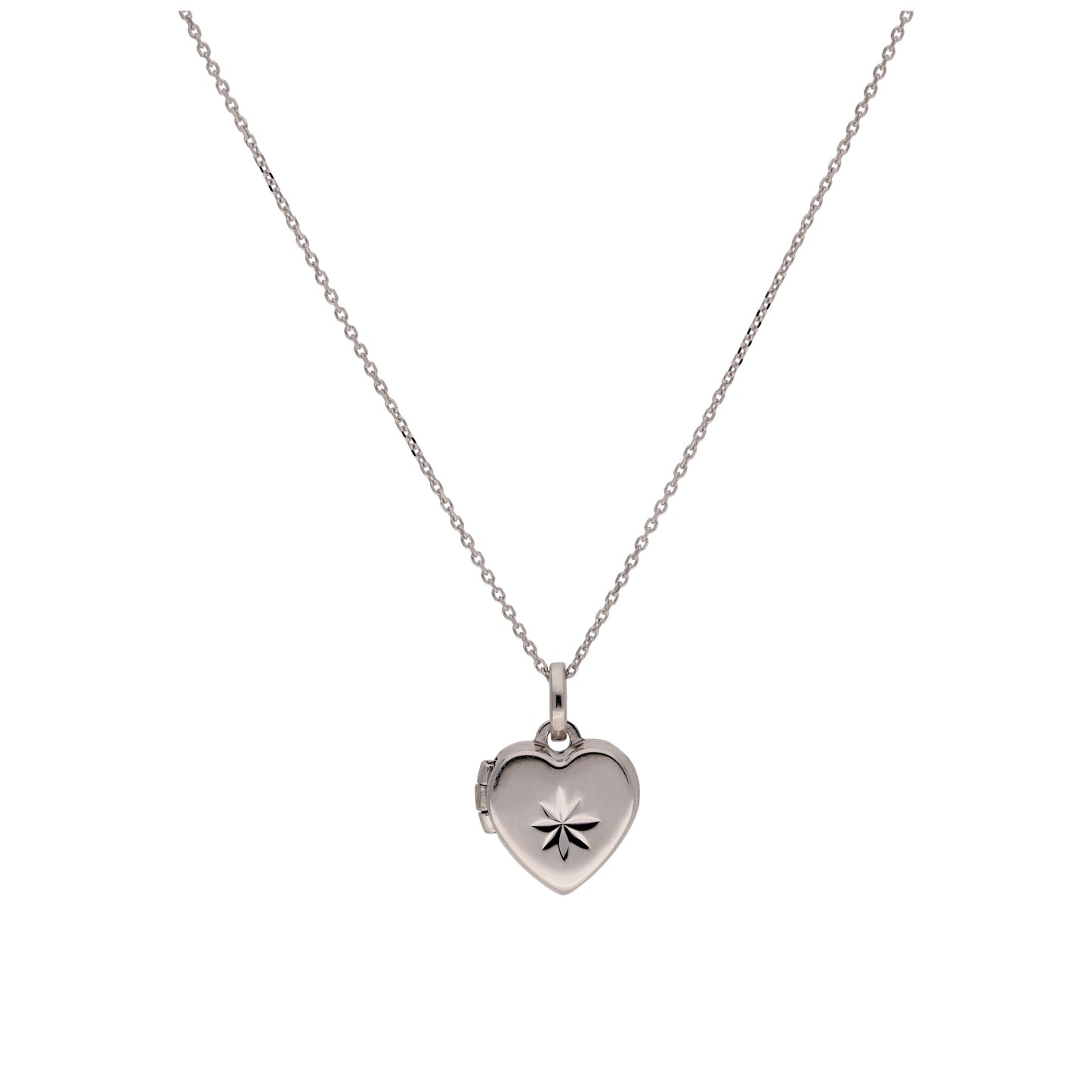 Petit collier médaillon en forme de cœur en or blanc 9 carats avec diamants taille étoile