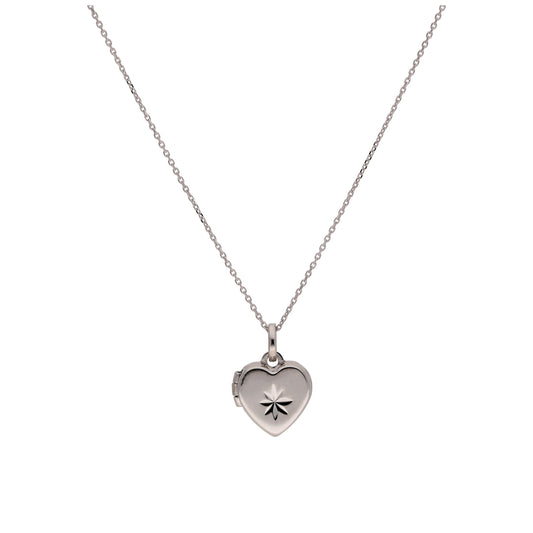 Petit collier médaillon en forme de cœur en or blanc 9 carats avec diamants taille étoile