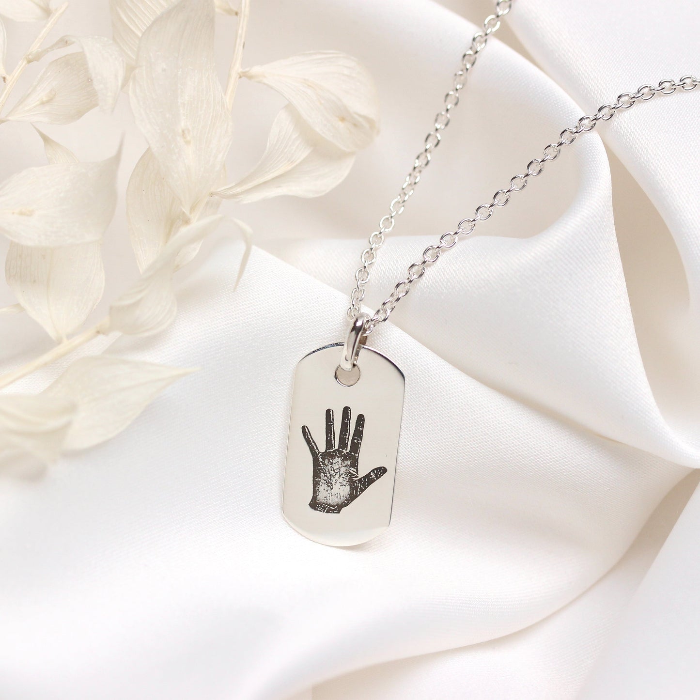 Collier sur mesure en argent sterling avec empreinte de main et plaque d'identité militaire (40 à 61 cm)