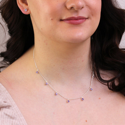Collier février en argent sterling avec plusieurs améthystes et zircones cubiques (40,6 cm et 5 cm)