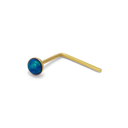 Piercing de nez en forme de L avec opale bleue en or 9 carats, calibre 22
