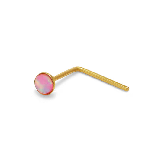 Clou de nez en forme de L, or 9 carats, opale fuchsia, calibre 22
