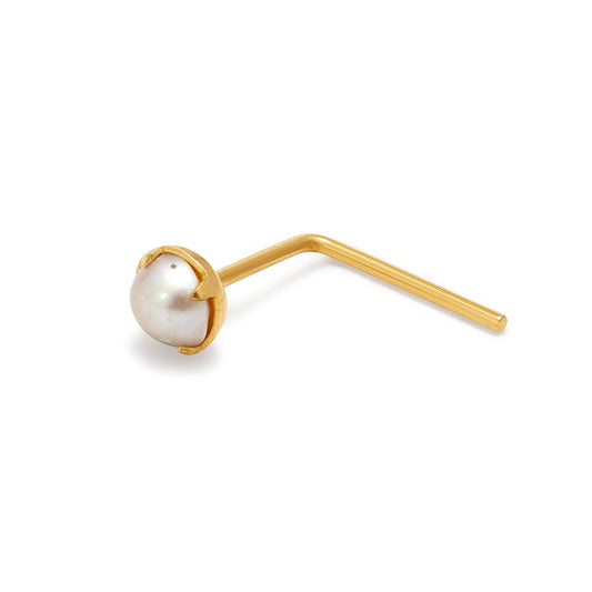 Clou de nez en forme de L, or 9 carats, perle d'eau douce de 2,5 mm, calibre 22