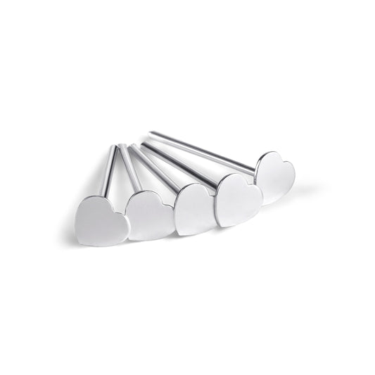 5 x clous de nez en argent sterling avec embout droit en forme de cœur, calibre 22