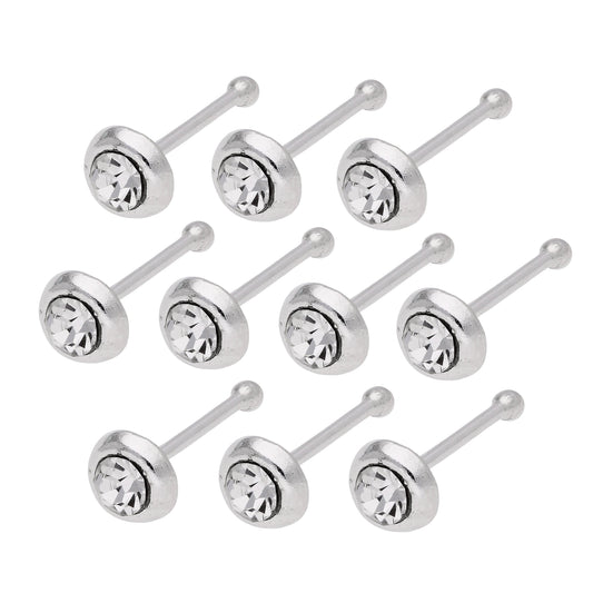 Lot de 10 piercings de nez en argent sterling avec embout sphérique en zircone cubique bombé de 2 mm