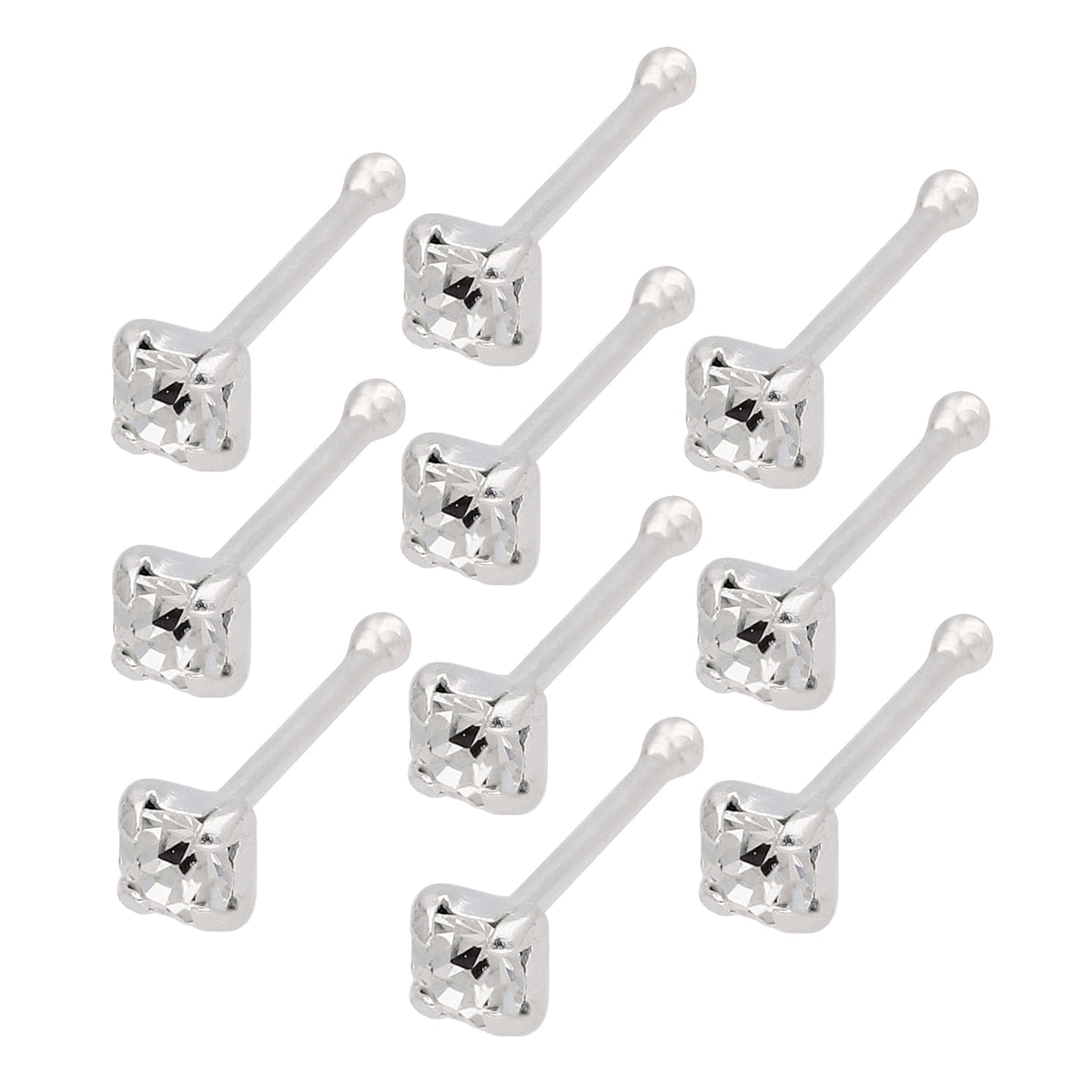 Lot de 10 piercings de nez en argent sterling avec embout sphérique et zircone cubique de 2 mm, calibre 22