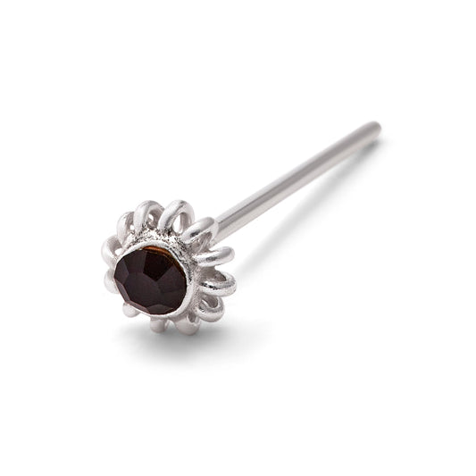 Clou de nez en argent sterling avec zircone cubique noire de 2 mm et fleur enroulée, calibre 22