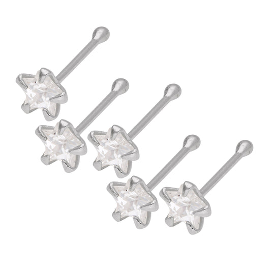 Lot de 5 piercings de nez en argent sterling avec étoile transparente en oxyde de zirconium et embout sphérique