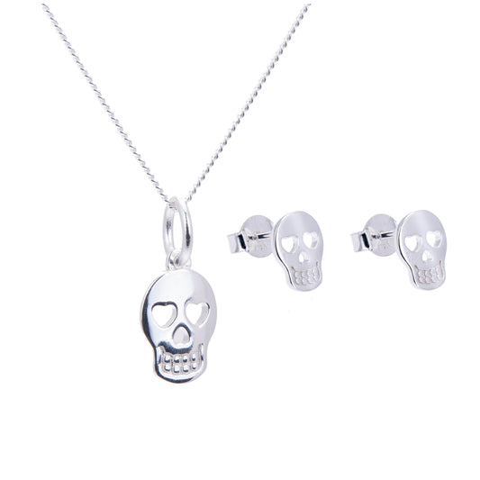 Ensemble de boucles d'oreilles et collier en argent sterling avec tête de mort et cœur, 35 à 81 cm