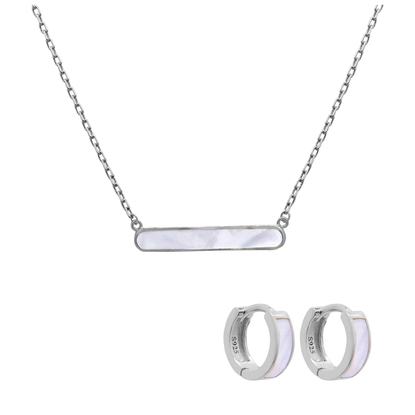 Ensemble de boucles d'oreilles créoles à charnière en argent sterling de 10 mm et collier à barre en nacre