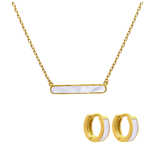 Ensemble de boucles d'oreilles créoles à charnière de 10 mm en argent sterling plaqué or et collier à barre en nacre