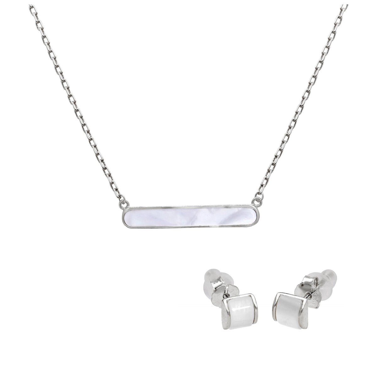 Ensemble de boucles d'oreilles à tige en argent sterling avec dôme en nacre et collier à barre de 45 cm