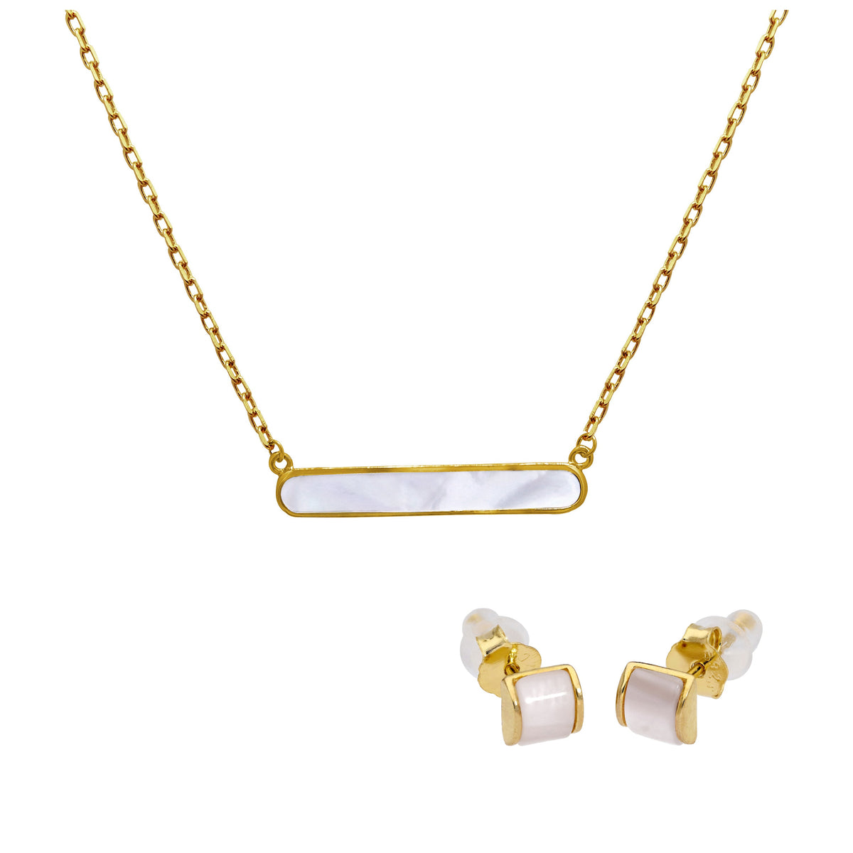 Ensemble de boucles d'oreilles à tige en argent sterling plaqué or avec dôme en nacre et collier à barre de 45 cm