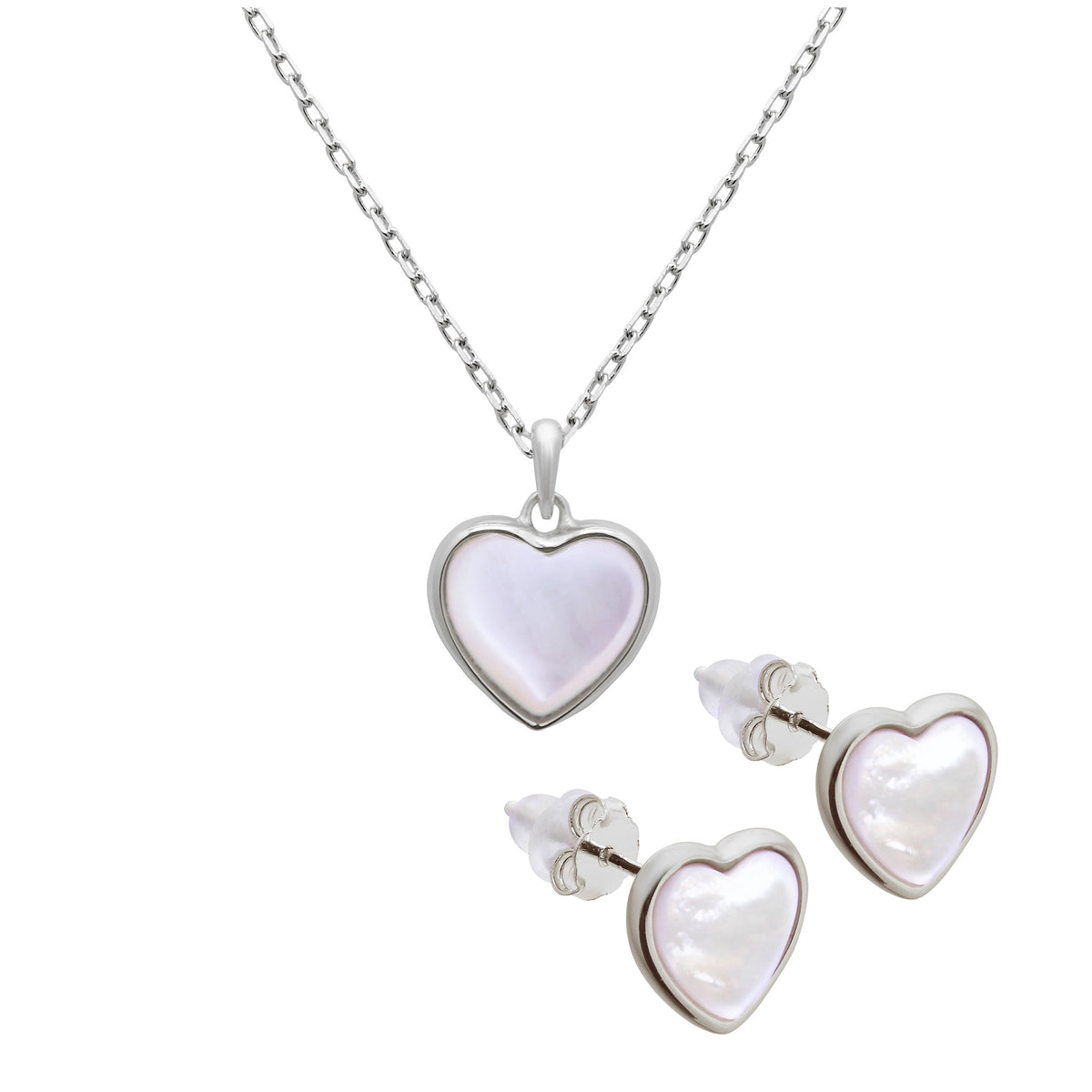 Ensemble de boucles d'oreilles à tige en argent sterling avec cœur en nacre et collier de 45 cm