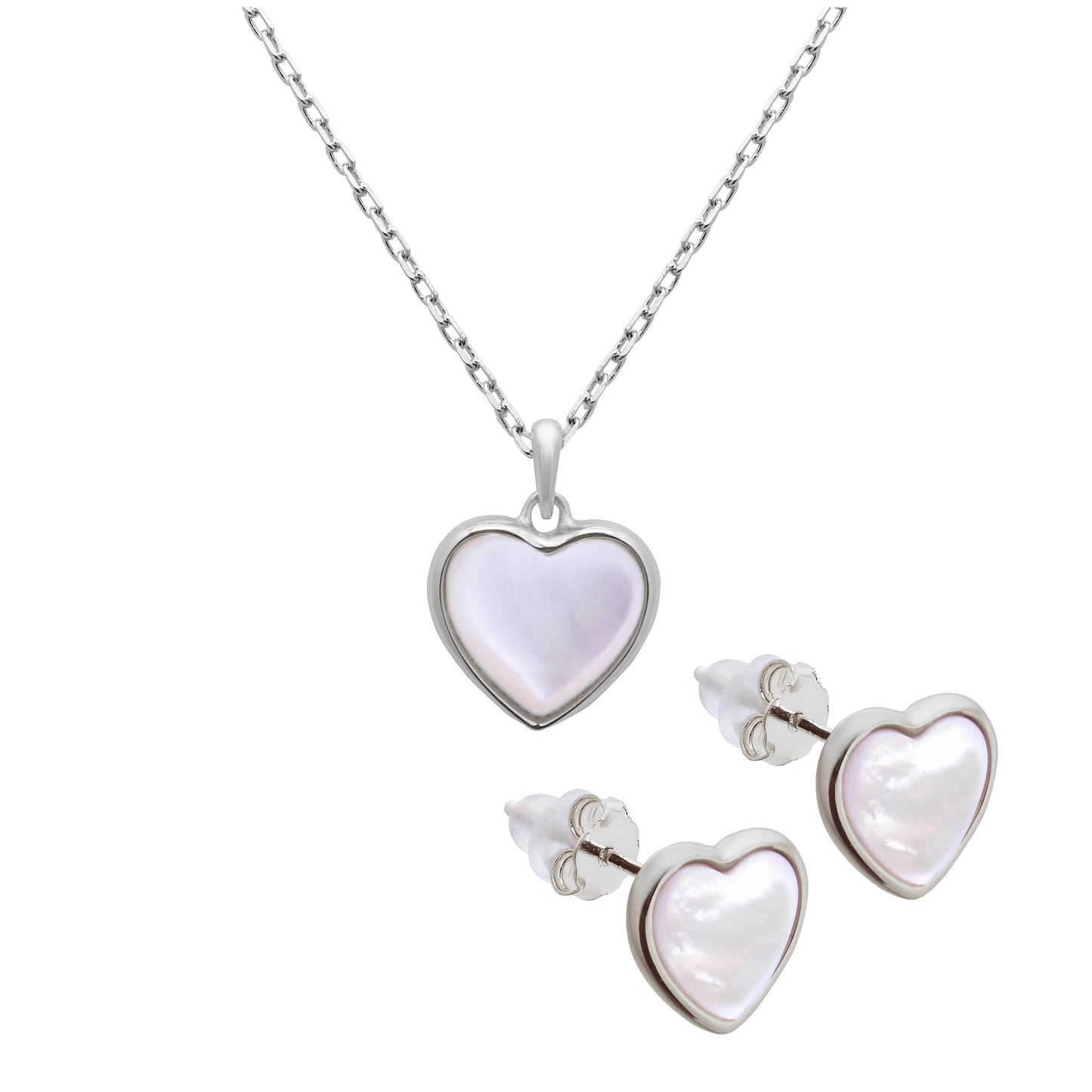 Ensemble de boucles d'oreilles à tige en argent sterling avec cœur en nacre et collier de 45 cm