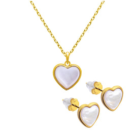 Ensemble de boucles d'oreilles à tige en argent sterling plaqué or en forme de cœur en nacre et collier de 45 cm