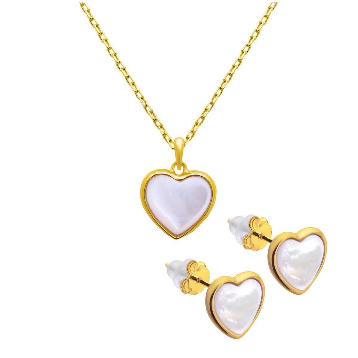 Ensemble de boucles d'oreilles à tige en argent sterling plaqué or en forme de cœur en nacre et collier de 45 cm