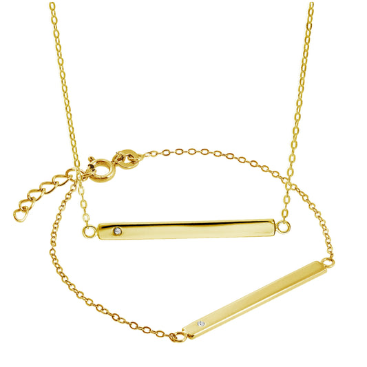 Ensemble collier et bracelet d'identification en argent sterling plaqué or avec zircones cubiques gravables