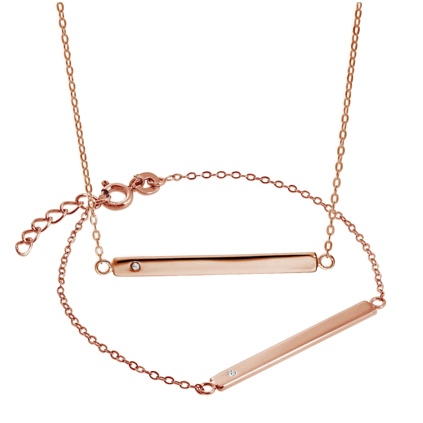 Ensemble collier et bracelet d'identification en argent sterling plaqué or rose avec zircones cubiques gravables