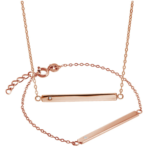 Ensemble collier et bracelet d'identification en argent sterling plaqué or rose avec zircones cubiques gravables