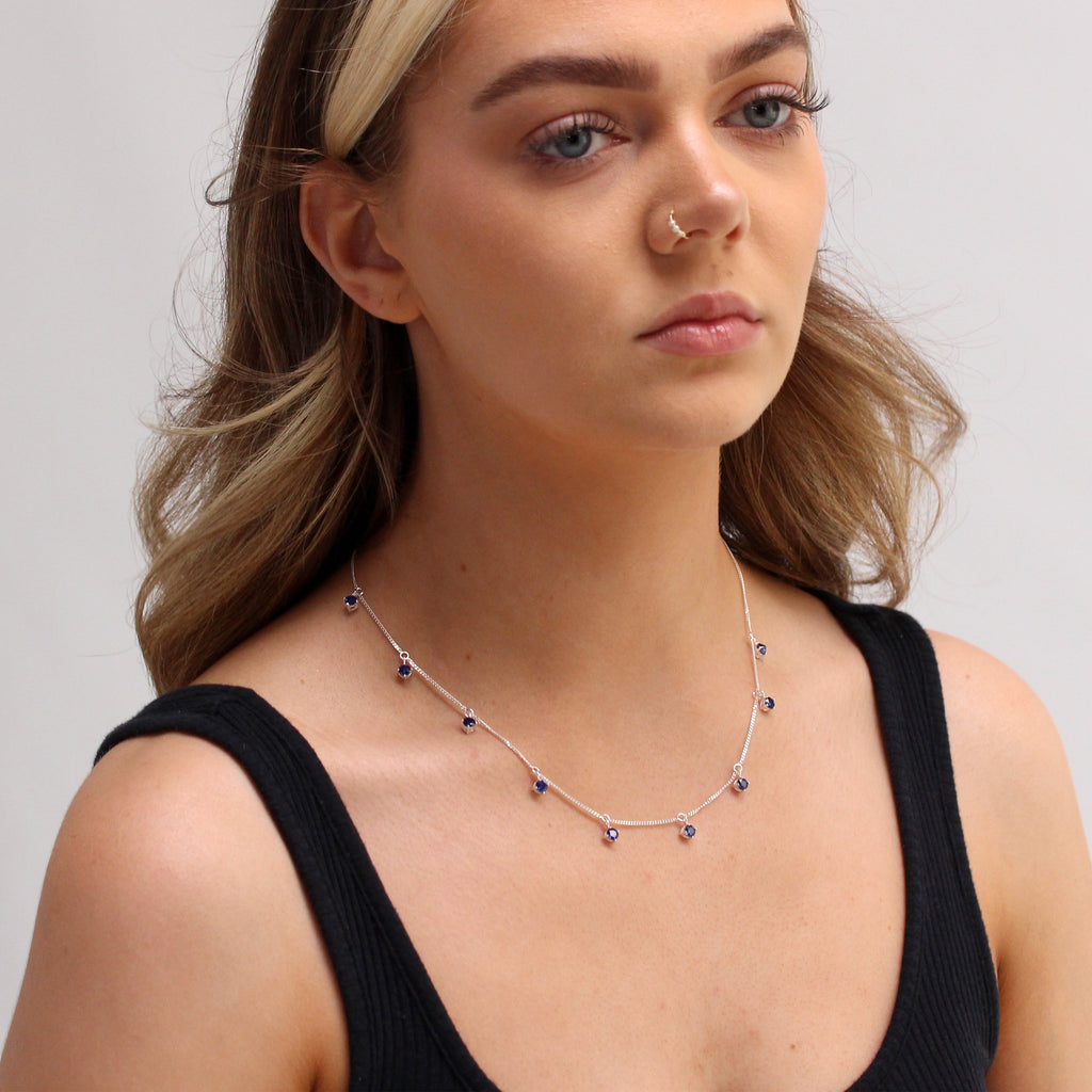 Collier en argent sterling avec saphirs et zircones cubiques (40,6 cm et 5 cm)