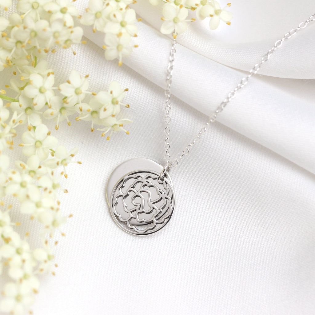 Collier en argent sterling avec fleur de naissance de janvier et étiquette gravable de 13 mm, 35 à 55 cm