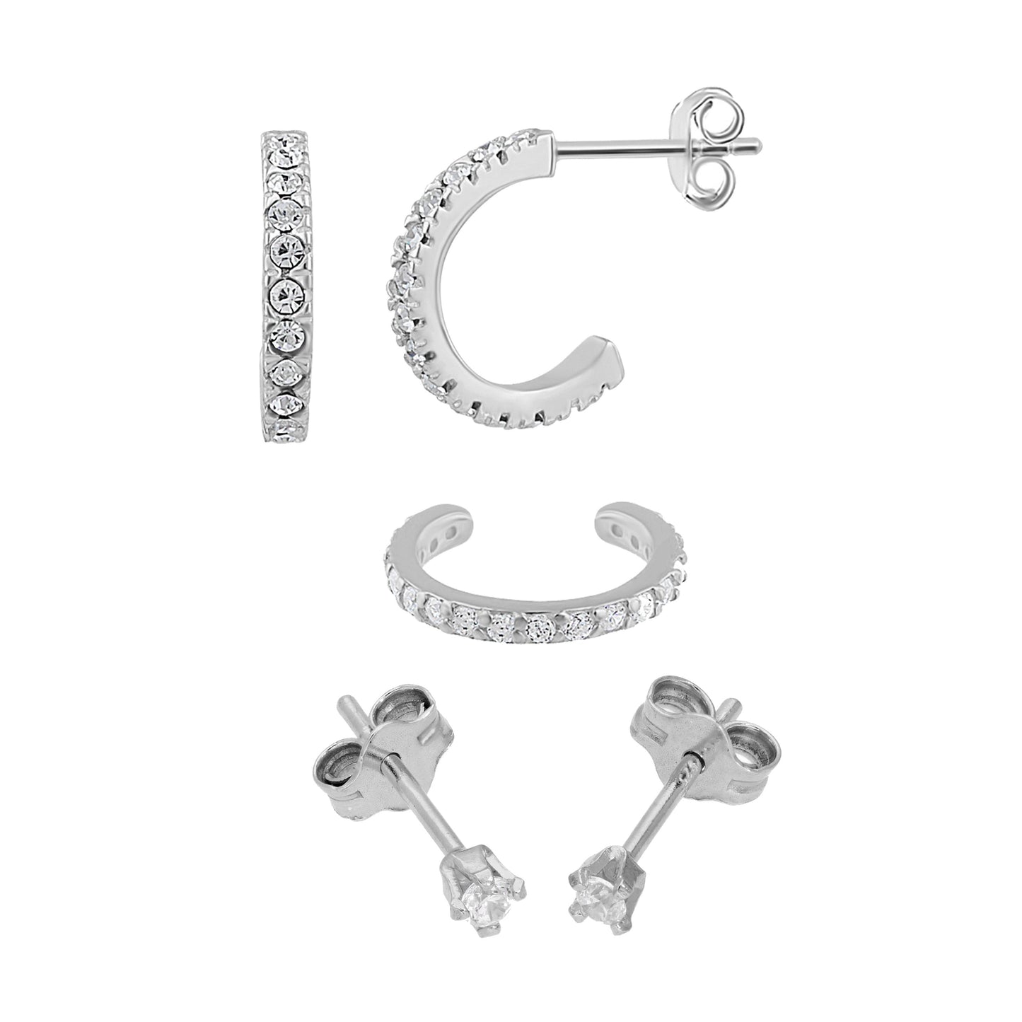 Ensemble de boucles d'oreilles créoles en argent sterling avec zircones cubiques de 10 mm et manchettes d'oreilles en zircones cubiques