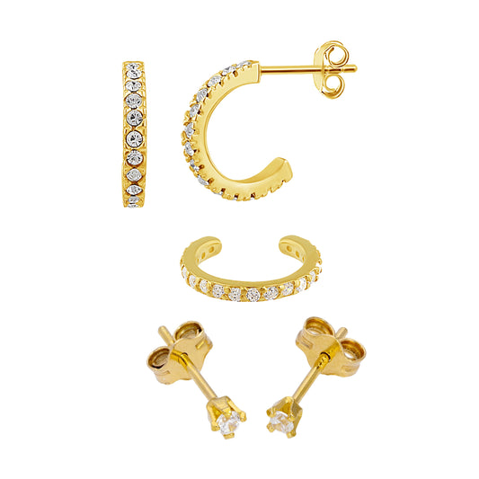 Ensemble de boucles d'oreilles créoles et manchettes en argent sterling plaqué or avec zircones cubiques