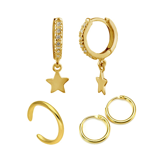 Ensemble de boucles d'oreilles créoles et manchettes en argent sterling plaqué or avec étoiles