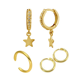 Ensemble de boucles d'oreilles créoles et manchettes en argent sterling plaqué or avec étoiles