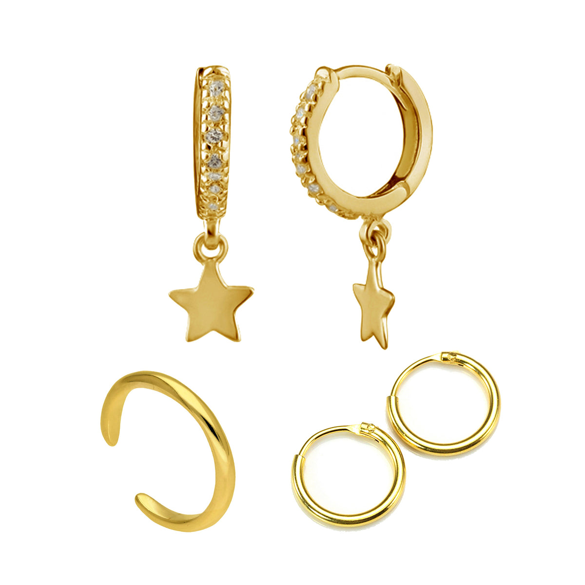 Ensemble de boucles d'oreilles créoles et manchettes en argent sterling plaqué or avec étoiles