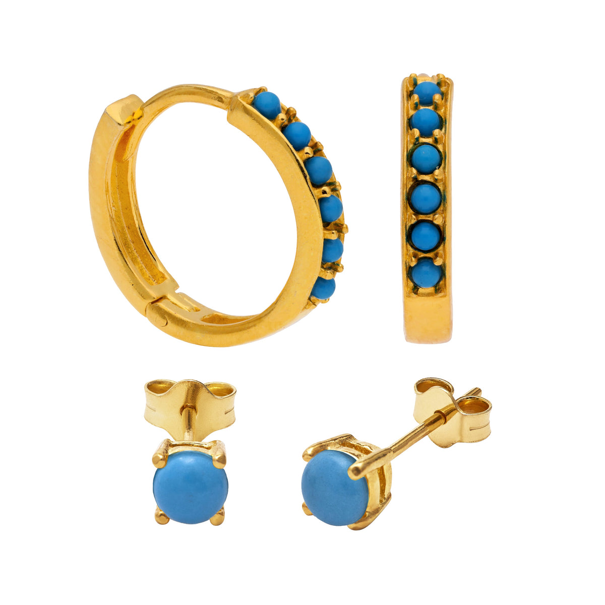 Ensemble de boucles d'oreilles créoles en argent sterling plaqué or avec zircones cubiques turquoise et clous d'oreilles de 4 mm