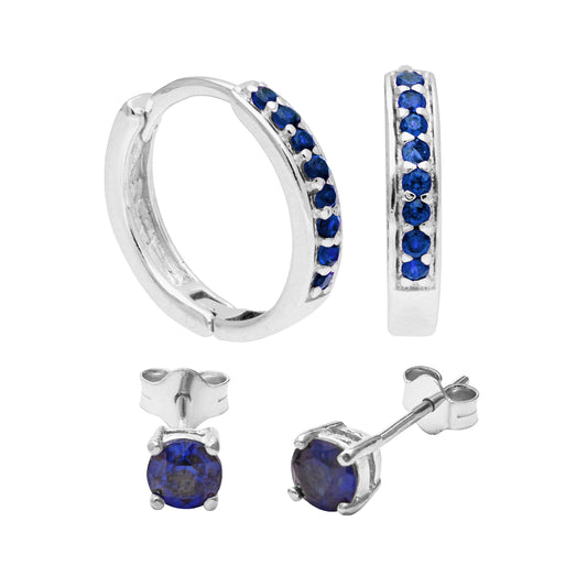 Ensemble de boucles d'oreilles créoles en argent sterling avec saphir et zircone cubique et clous d'oreilles de 4 mm