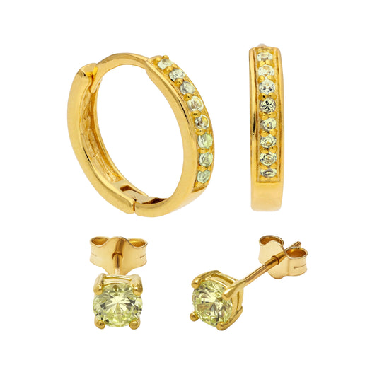 Ensemble de boucles d'oreilles créoles en argent sterling plaqué or avec péridot et zircone cubique et clous d'oreilles de 4 mm