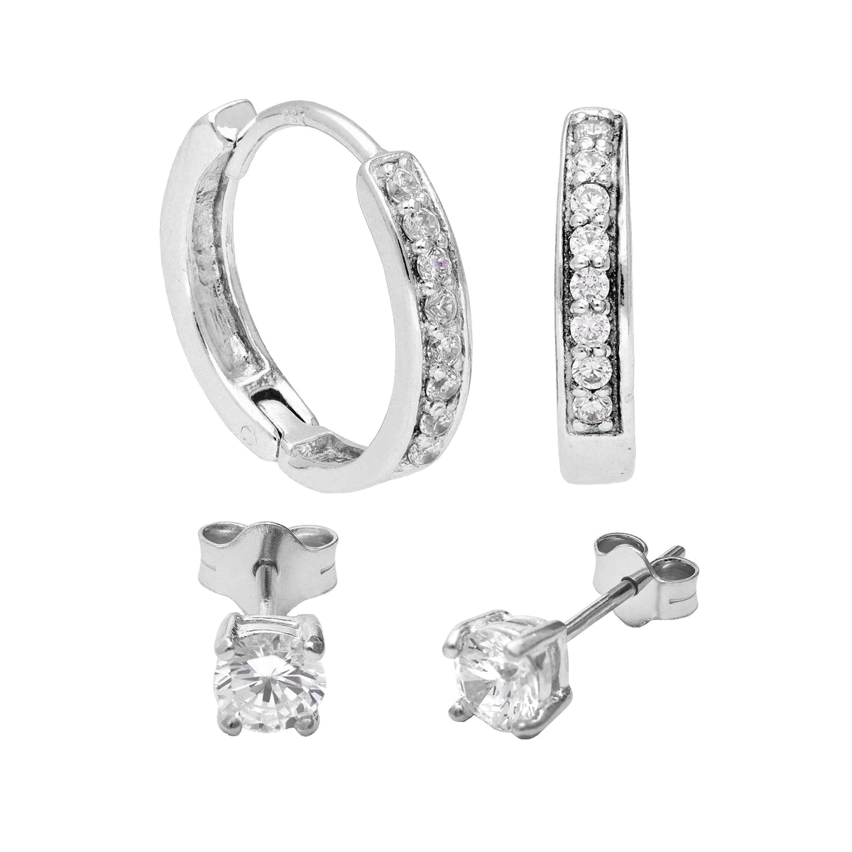 Ensemble de boucles d'oreilles créoles en argent sterling avec zircones cubiques de 15 mm et clous d'oreilles à griffes de 4 mm