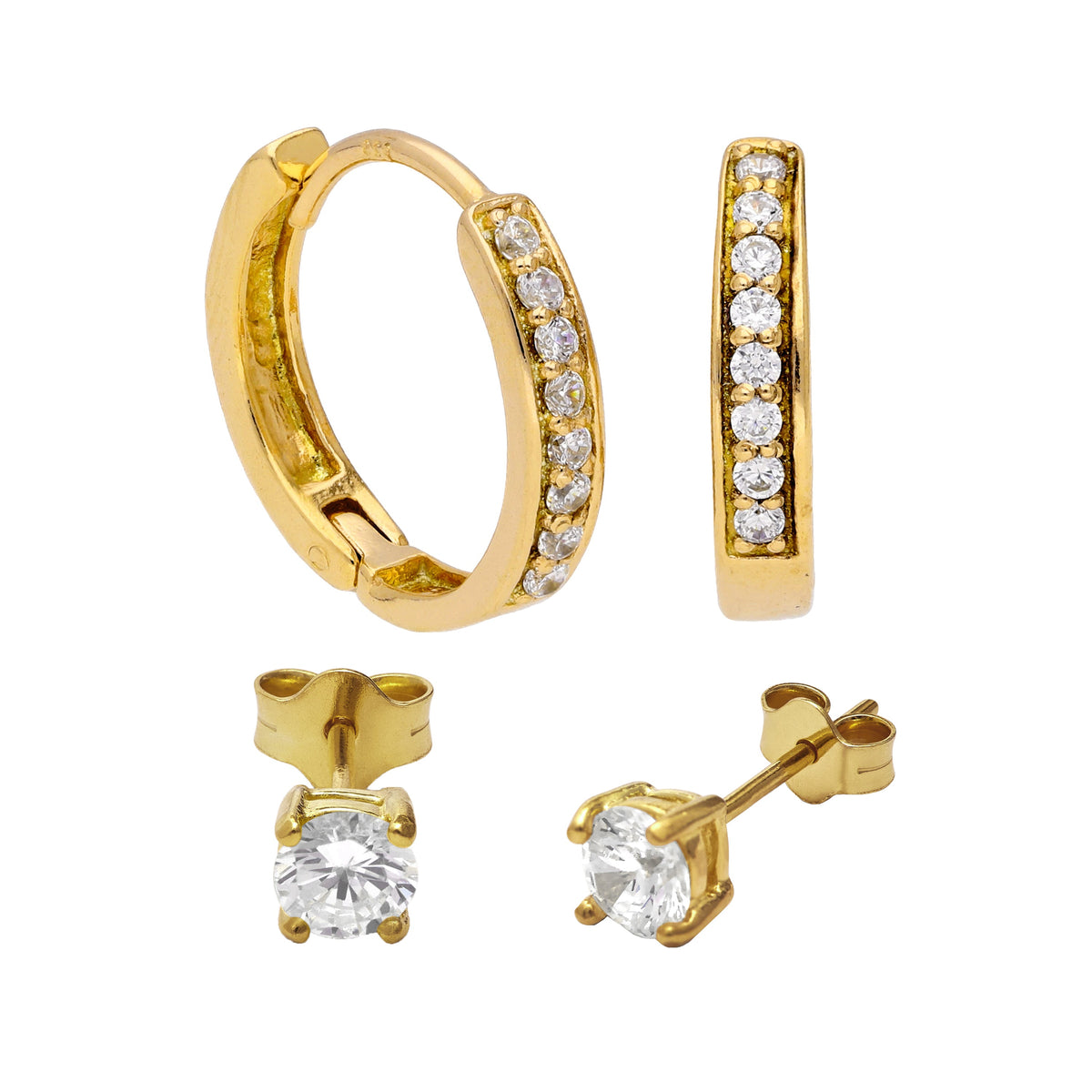 Ensemble de boucles d'oreilles créoles en argent plaqué or avec zircones cubiques de 15 mm et clous d'oreilles de 4 mm