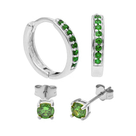 Ensemble de boucles d'oreilles créoles en argent sterling avec émeraude et zircone cubique et clous d'oreilles de 4 mm