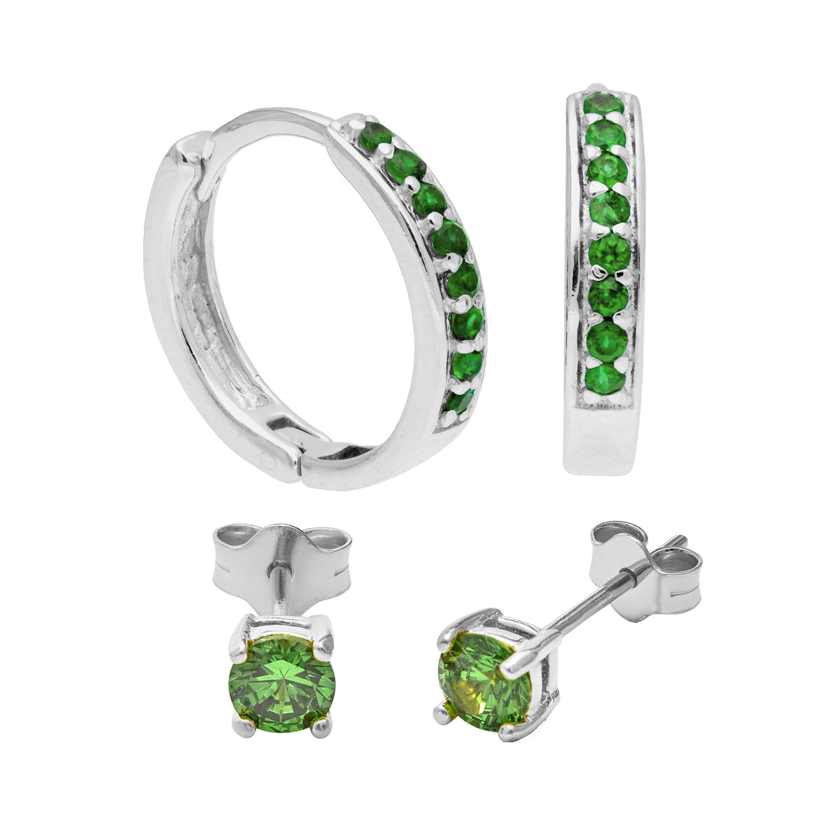 Ensemble de boucles d'oreilles créoles en argent sterling avec émeraude et zircone cubique et clous d'oreilles de 4 mm
