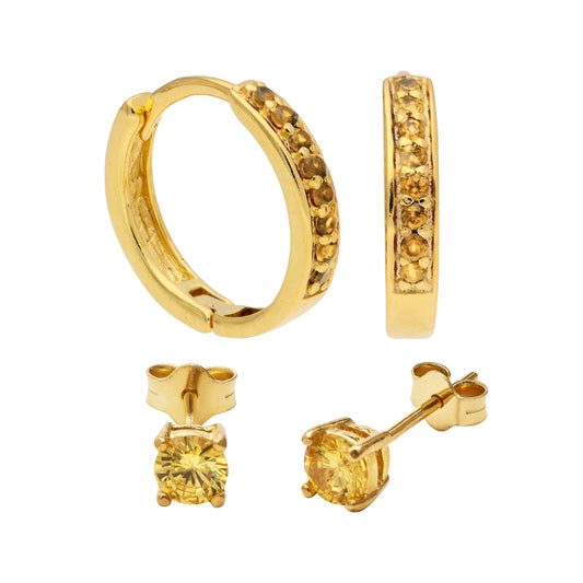 Ensemble de boucles d'oreilles créoles en argent plaqué or avec citrine et zircone cubique et clous d'oreilles de 4 mm