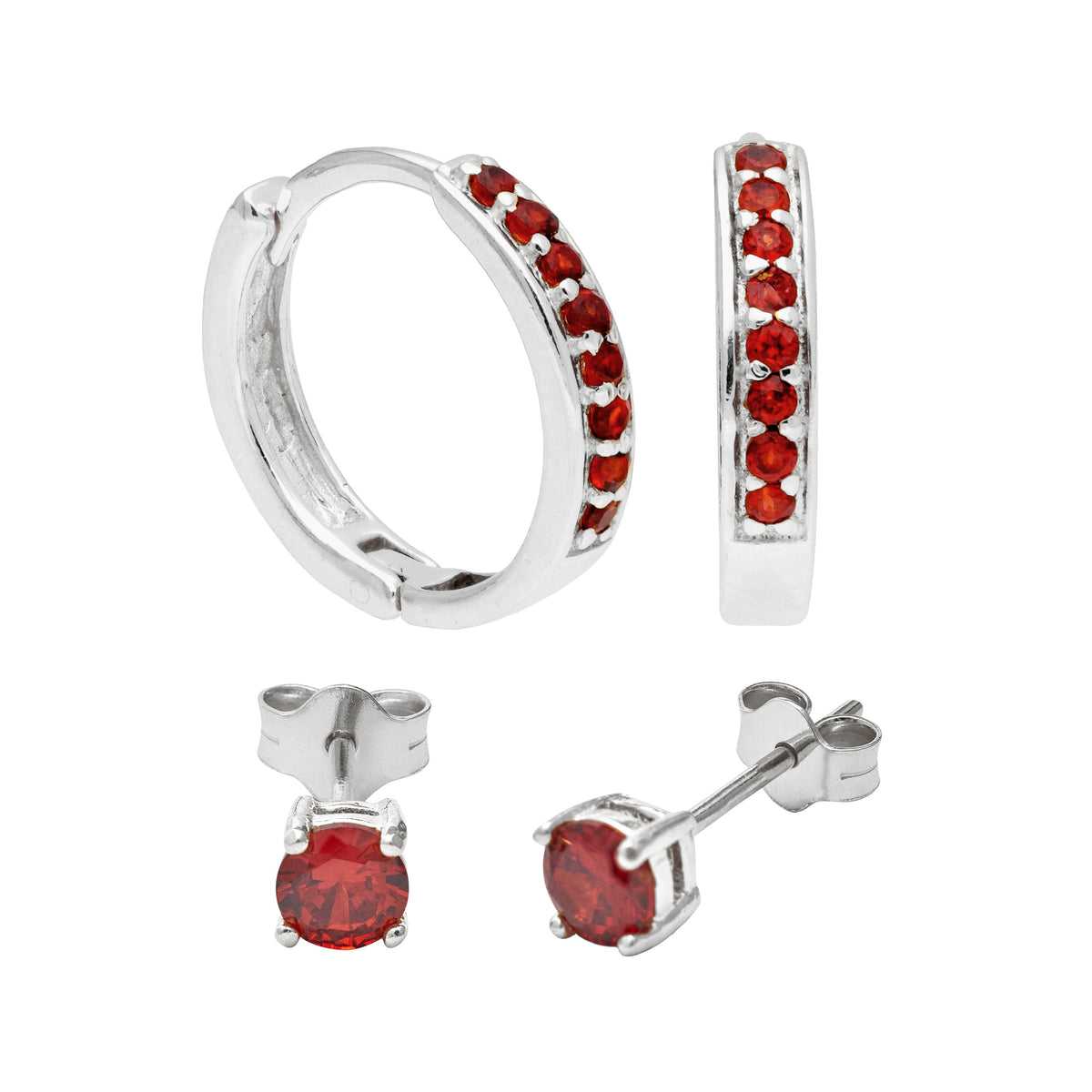 Parure de boucles d'oreilles créoles en argent sterling avec grenat et zircone cubique de 15 mm et clous d'oreilles de 4 mm