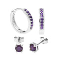 Ensemble de boucles d'oreilles créoles en argent sterling avec améthyste et zircone cubique et clous d'oreilles de 4 mm