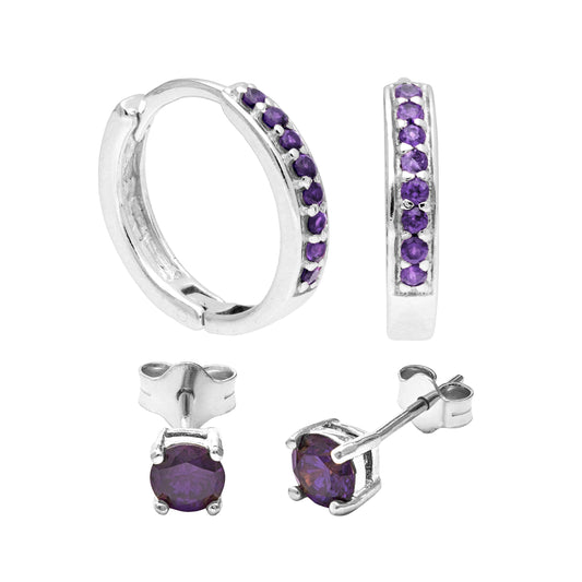 Ensemble de boucles d'oreilles créoles en argent sterling avec améthyste et zircone cubique et clous d'oreilles de 4 mm