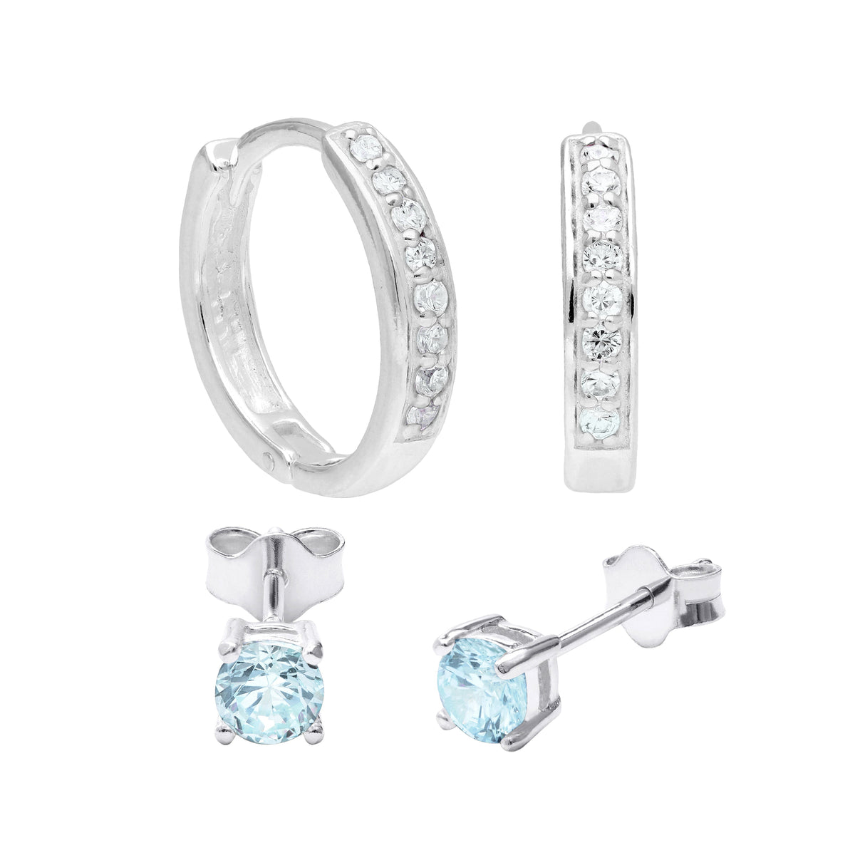 Ensemble de boucles d'oreilles créoles en argent sterling avec zircones cubiques aigue-marine et clous d'oreilles de 4 mm