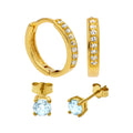 Ensemble de boucles d'oreilles créoles et clous d'oreilles en argent sterling plaqué or avec aigue-marine et zircone cubique