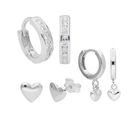 Ensemble de boucles d'oreilles à tige en argent sterling avec zircones cubiques et cœurs
