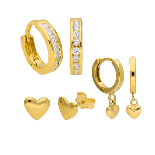 Ensemble de boucles d'oreilles créoles et clous en argent sterling plaqué or avec zircones cubiques et cœurs